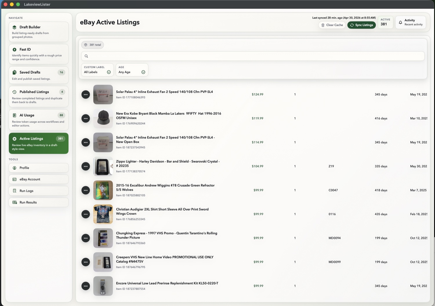 Lakeview Lister app showing synced eBay active listings.
